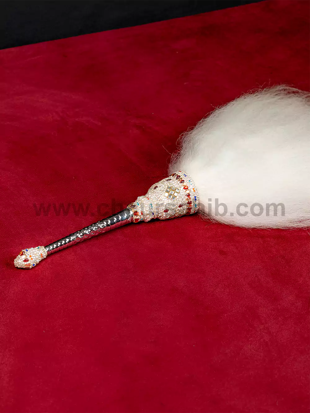 Royal & Premium Steel Polished Handle Stone Work Engraving Chaur Sahib With Original Yak Hair