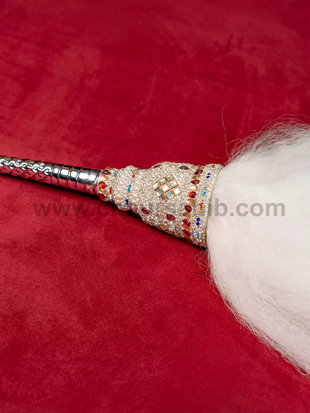 Royal & Premium Steel Polished Handle Stone Work Engraving Chaur Sahib With Original Yak Hair - Image 2