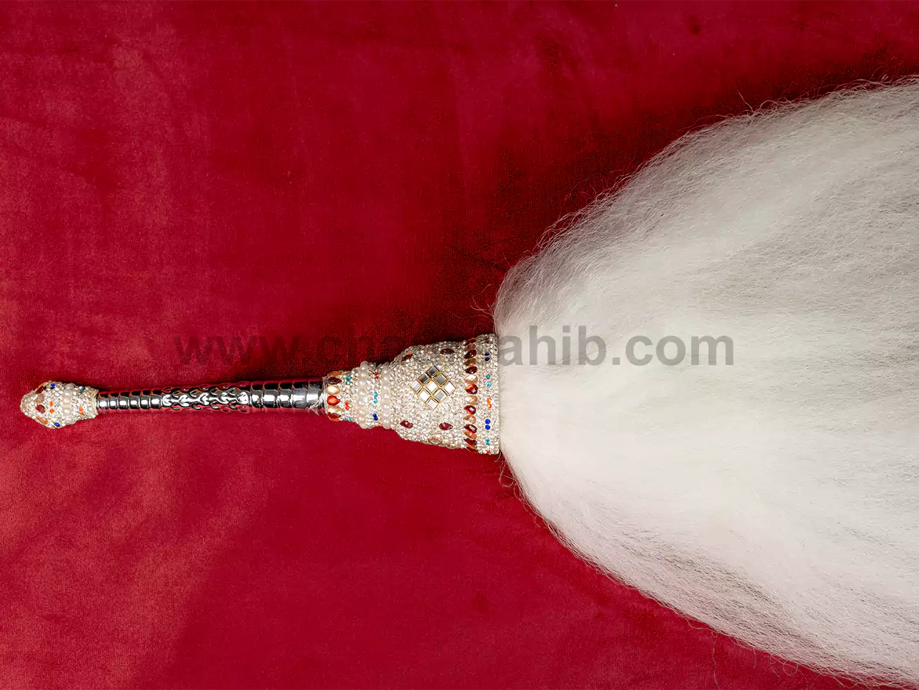 Royal & Premium Steel Polished Handle Stone Work Engraving Chaur Sahib With Original Yak Hair - Image 4