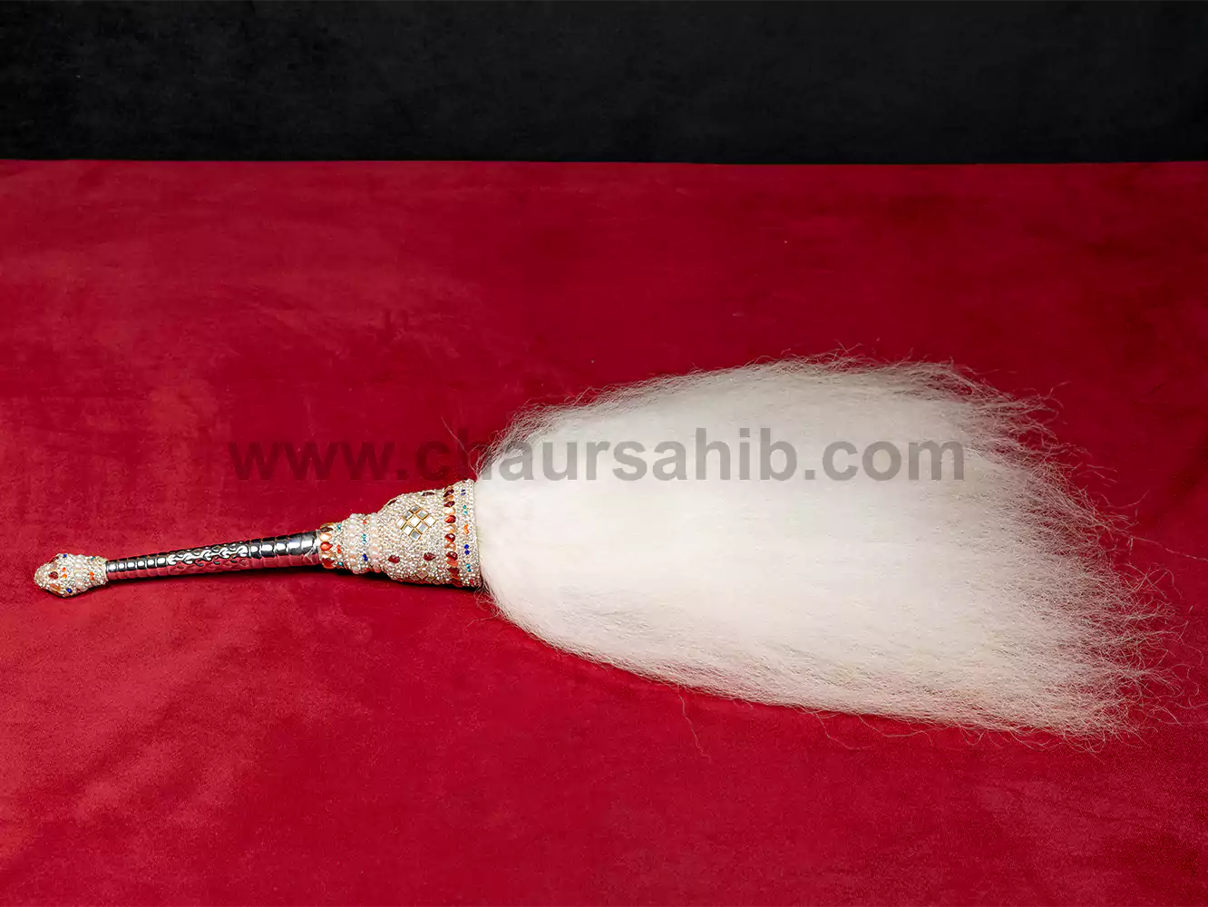 Royal & Premium Steel Polished Handle Stone Work Engraving Chaur Sahib With Original Yak Hair - Image 5