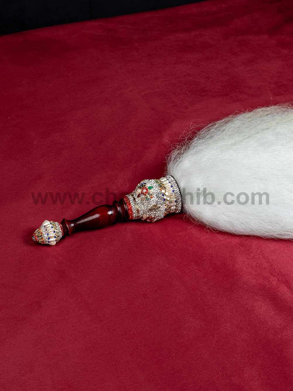 Royal & Premium Wooden Handle Stone Work Engraving Chaur Sahib With Original Yak Hair - Image 3